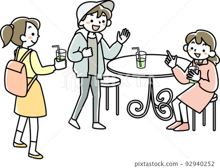 Young women chatting with drinks in cafe Young women chatting with drinks in cafe 92940252