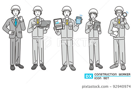 帶有平板電腦和個人電腦的工人和穿著 DX 促銷/建築/IT/物流的西裝的男人的矢量圖解材料 92940974