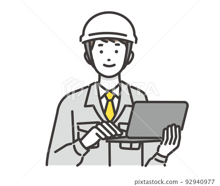 在 DX 推廣/建築/IT/物流中使用個人電腦的工人的矢量圖解材料 92940977
