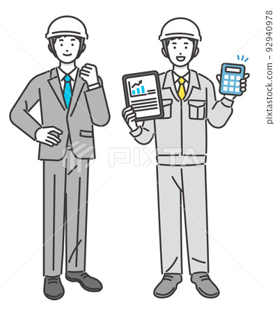 帶有平板電腦和個人電腦的工人和穿著 DX 促銷/建築/IT/物流的西裝的男人的矢量圖解材料 92940978