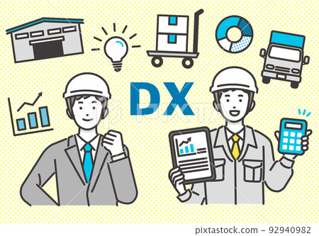Workers with tablets and personal computers in DX promotion, men in suits and logistics icon vectors 92940982