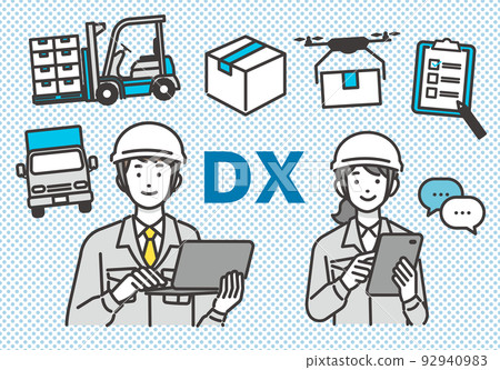 帶有平板電腦和個人電腦的工人和物流圖標的矢量圖解，用於 DX 促銷/ 92940983