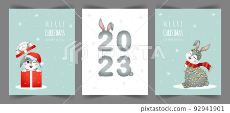 Set of Christmas cards. Rabbits celebrate holidays. Greeting postcards with cute hares. Happy New Year 2023 posters. Vector templates for cover or invitation to the nativity festival 92941901