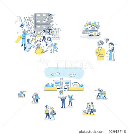 地震場景、人們疏散等的插圖集。 92942748