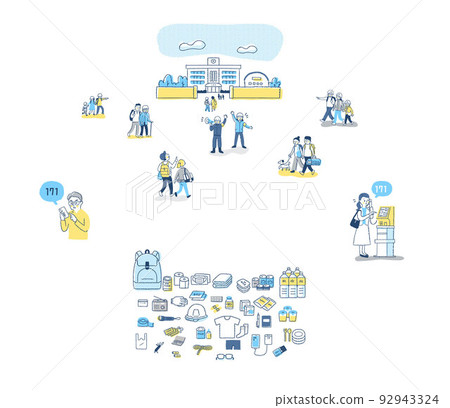 Illustration set of evacuation supplies, people evacuating, etc. Illustration set of evacuation supplies, people evacuating, etc. 92943324