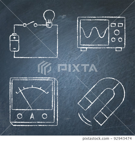 Physics icon set on chalkboard 92943474