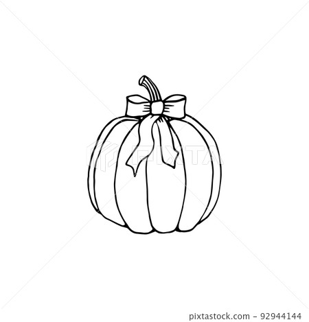 Hand drawn pumpkin with bow. Decor for autumn interior. Black outline isolated on white. Hand drawn pumpkin with bow. Decor for autumn interior. Black outline isolated on white. 92944144
