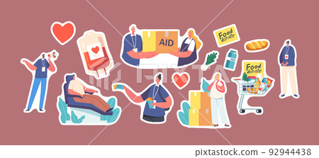 Set of Stickers Volunteering, Charity, Philanthropy, Humanitarian Aid and Help to Poor People. Characters Donate Support 92944438