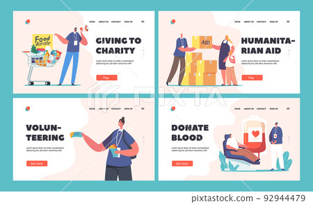 Set of Volunteers, Humanitarian Aid and Help to Poor People Concept. Characters Donate Food, Aid and Blood Set of Volunteers, Humanitarian Aid and Help to Poor People Concept. Characters Donate Food, Aid and Blood 92944479
