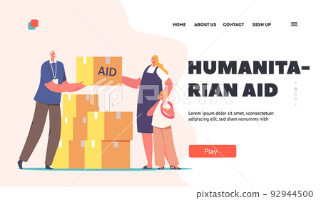 Humanitarian Aid Landing Page Template. Volunteer Character Giving Help Boxes to Refugees Woman with Little Boy Humanitarian Aid Landing Page Template. Volunteer Character Giving Help Boxes to Refugees Woman with Little Boy 92944500