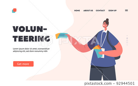 Volunteering Landing Page Template. Volunteer Character with Badge Giving Flyers on Street. Woman Member of Foundation 92944501