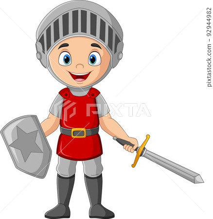 Cartoon knight holding a sword and shield 92944982