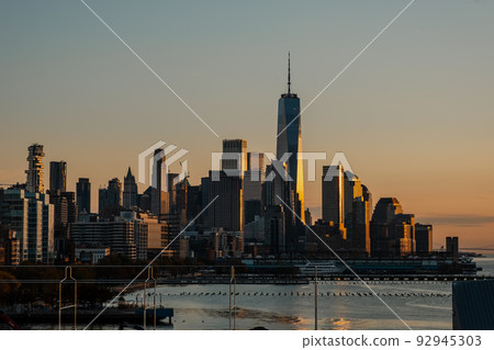 Amazing sunrise over manhattan - Birds Eye. Aerial view. Amazing sunrise over manhattan - Birds Eye. Aerial view. 92945303
