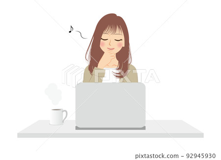 職業女性的插圖，上半身，米色西裝，棕色頭髮，PC 工作 92945930