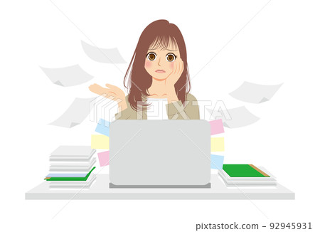 Illustration of a working woman, upper body, beige suit, brown hair, PC work 92945931