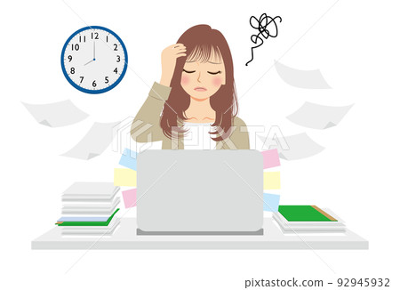 職業女性的插圖，上半身，米色西裝，棕色頭髮，PC 工作 92945932