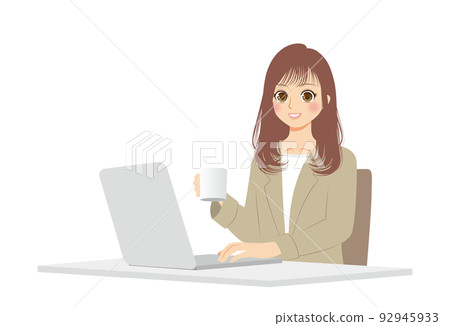 職業女性的插圖，上半身，米色西裝，棕色頭髮，PC 工作 92945933
