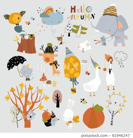 Cartoon Autumn Set with Funny Animals and Trees Cartoon Autumn Set with Funny Animals and Trees 92946247