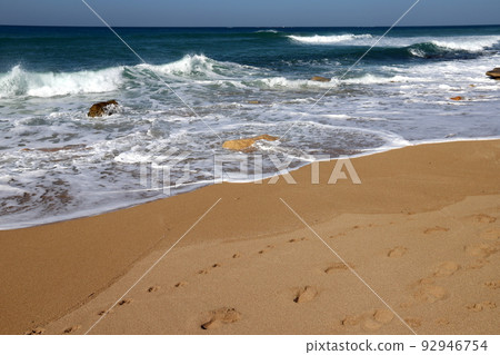 Sandy beach on the Mediterranean Sea in northern Israel. 92946754