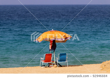 Sandy beach on the Mediterranean Sea in northern Israel. 92946884