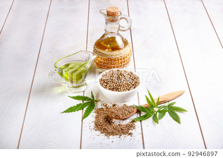Whole hemp seeds, ground seeds, oil, leaves and branches of fresh hemp Whole hemp seeds, ground seeds, oil, leaves and branches of fresh hemp 92946897