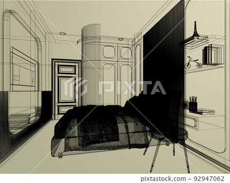 sketch design of interior bedroom,3d rendering sketch design of interior bedroom,3d rendering 92947062