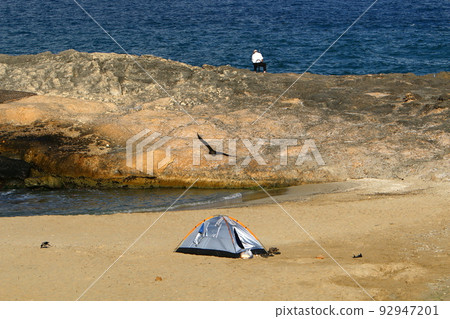Sandy beach on the Mediterranean Sea in northern Israel. 92947201