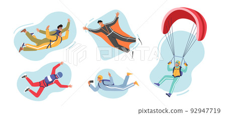 Set Paragliding, Base Jumping and Parachuting Extreme Sport Activities. Skydiver Characters Jump with Parachute 92947719