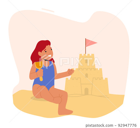 Happy Baby Girl Playing on Beach Building Sand Castle. Kid Outdoor Recreation, Summer Activities, Leisure on Sea Resort 92947776
