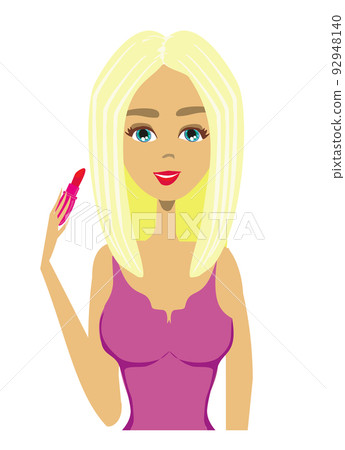 Beautiful blonde girl putting lipstick on 92948140