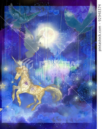 Illustration style illustration of a fairy tale with a dove flying around the clouds, a unicorn, and a rainbow-colored castle 92948374