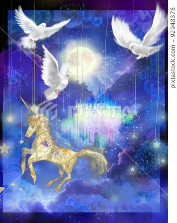 Illustration style illustration of a fairy tale with a dove flying around the clouds, a unicorn, and a rainbow-colored castle 92948378