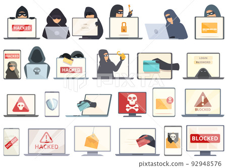 Hacker attack icons set cartoon vector. Fraud hacking. Attack criminal 92948576