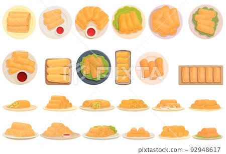 Spring roll icons set cartoon vector. Asia food. Cheese sauce Spring roll icons set cartoon vector. Asia food. Cheese sauce 92948617
