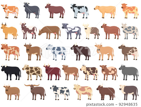 Breeding cows icons set cartoon vector. Dairy milk. Eat farm 92948635
