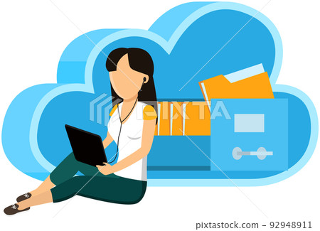 Cloud storage technology. File database on computer. Woman folds documents to online storage cell 92948911