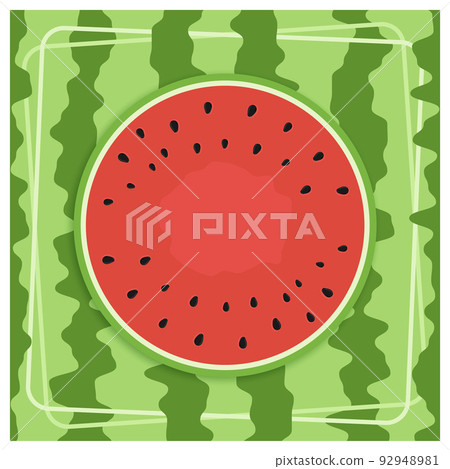 Square web banner with watermelon cut in half top view. Internet page header decoration. Design element. Vector on striped green background Square web banner with watermelon cut in half top view. Internet page header decoration. Design element. Vector on striped green background 92948981