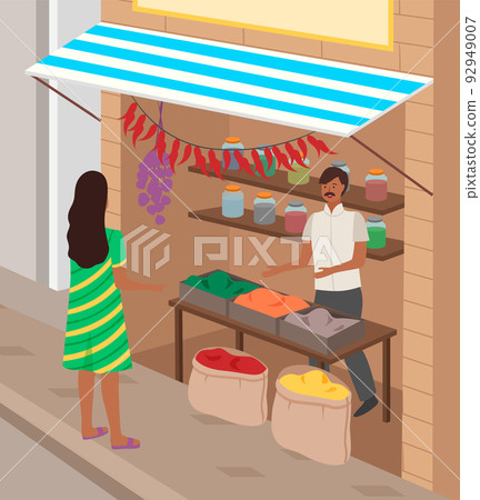 Eastern street bazaar, indian seller sell vegetables and spices. Asian street market with goods 92949007