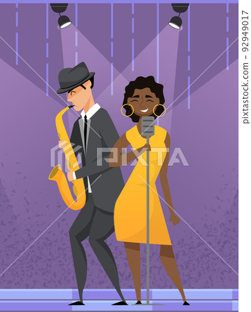 Jazz musician saxophone player with sax stands. Girl sing song into microphone enjoying performance 92949017