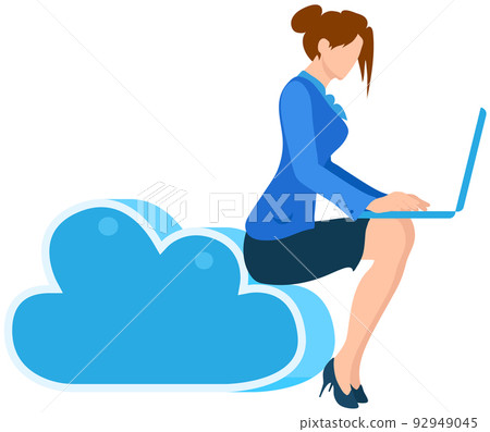 Woman works with laptop at workplace in field of data storage stores large amounts of information Woman works with laptop at workplace in field of data storage stores large amounts of information 92949045