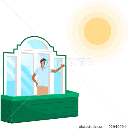 Indian man in blue shirt and light trousers stands on balcony. Young smiling male character isolated 92949064