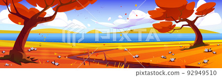 Autumn country scene with lake, trees, fields 92949510