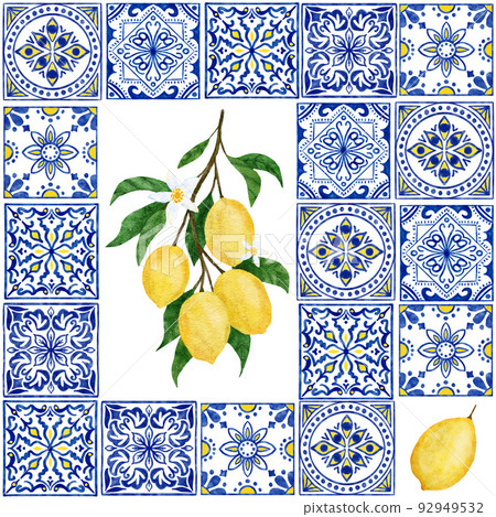 Watercolor hand drawn seamless pattern with lemon citrus fruit blue portuguese azulejo tiles. Summer bright organic sweet tasty food botanic print. Harvest tree ornament textile. 92949532