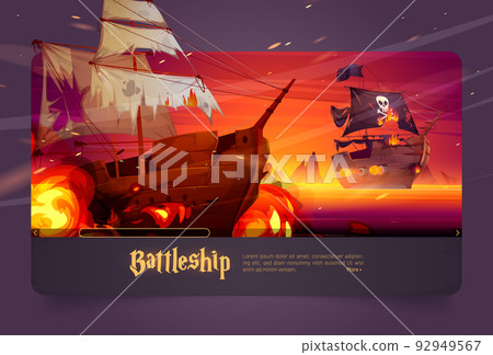Battleship cartoon web banner, pirate ship battle 92949567