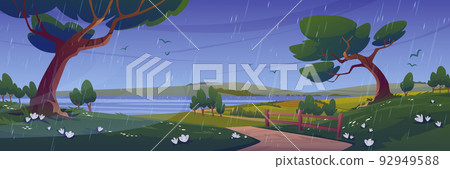 Rural scene with fields, river and trees in rain Rural scene with fields, river and trees in rain 92949588