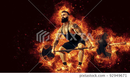 Portrait of an athlete who is lifting the barbell in the gym. The concept of sport and healthy lifestyle. Mixed media Portrait of an athlete who is lifting the barbell in the gym. The concept of sport and healthy lifestyle. Mixed media 92949671