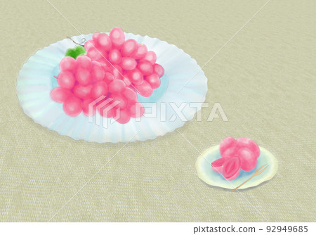 Large red grapes (Kaiji, Queen Rouge, etc.) and hemp tablecloth watercolor illustration served on a glass plate 92949685