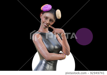 A black woman who looks good in a black costume with a colorful fashionable hairstyle 92949741