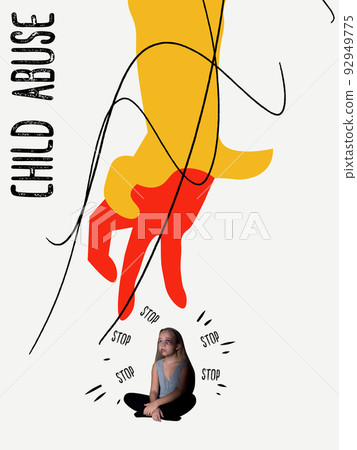 Conceptual contemporary art collage. Concept of human rights, child abuse prevention month. Security, childhood, family, support 92949775