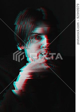 black and white face of a man with art glitch effect black and white face of a man with art glitch effect 92949979